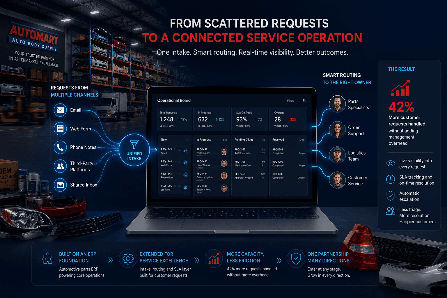 Five request channels routing into one intake layer and a live operational board