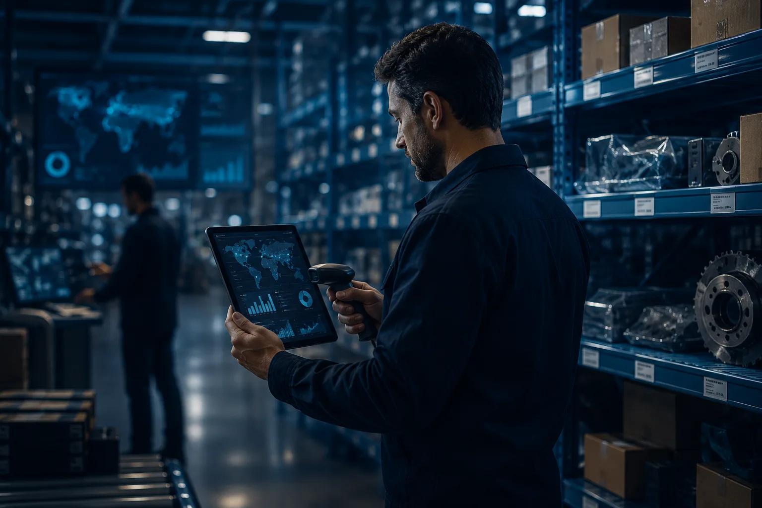 Warehouse aisles with stacked inventory and distribution logistics