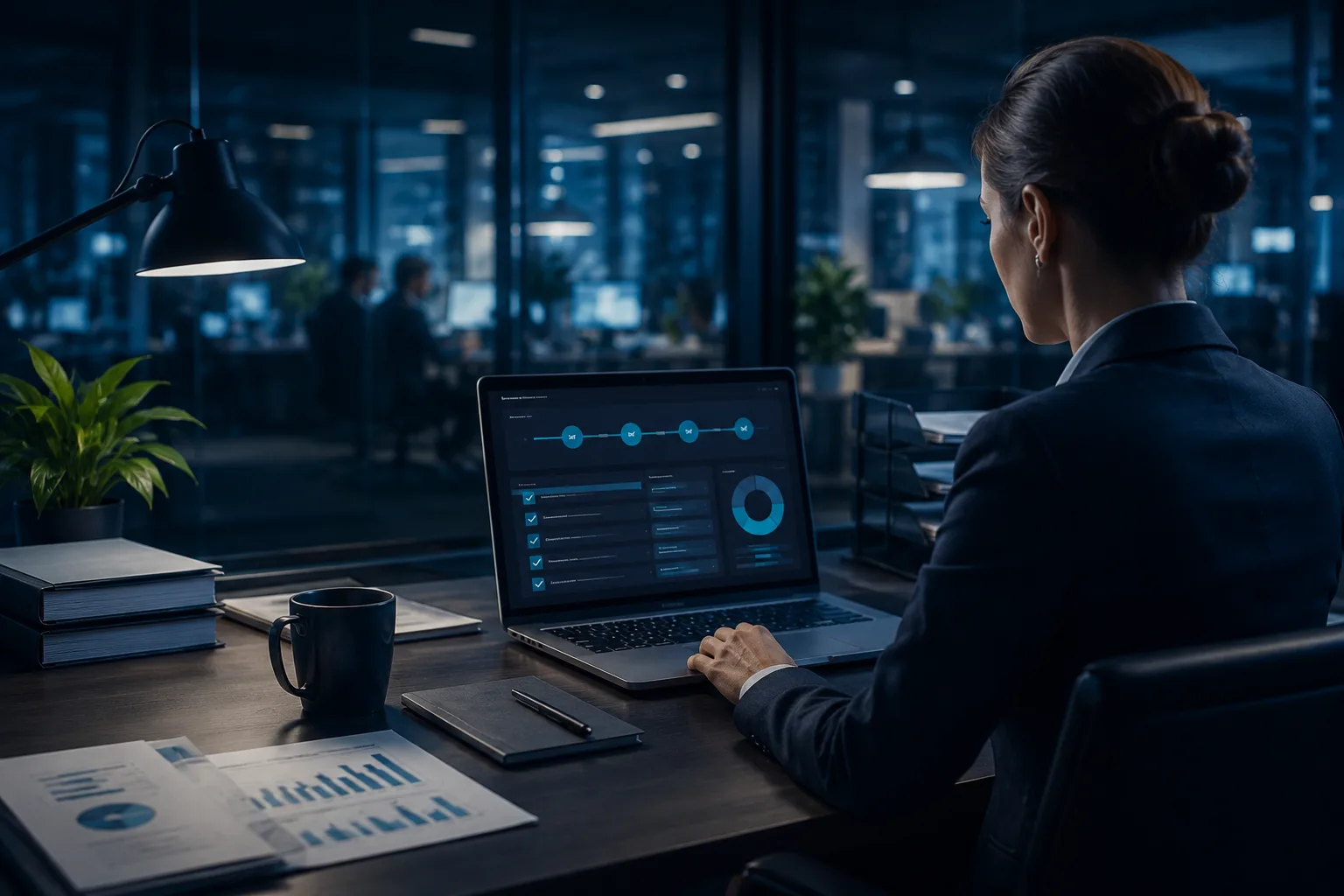 Back-office finance operations with documents, laptops, and approval workflows