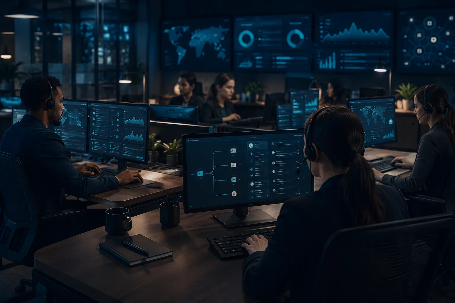Customer service team working at desks with multi-screen dashboards
