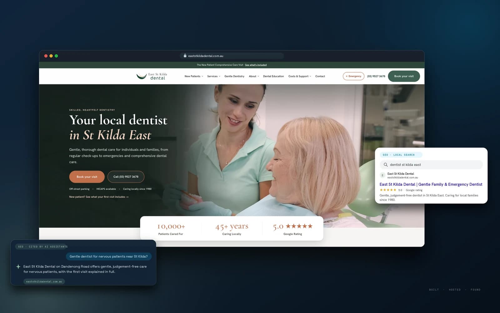 East St Kilda Dental website on desktop, alongside a local search result and an AI assistant citing the practice for nervous patients