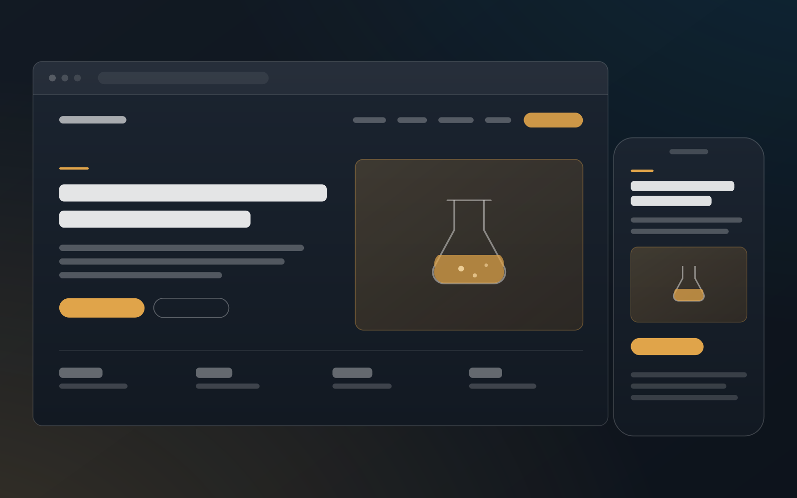 Formulyn website shown on desktop and mobile — a dark, amber-accented brand with a laboratory flask as its hero visual