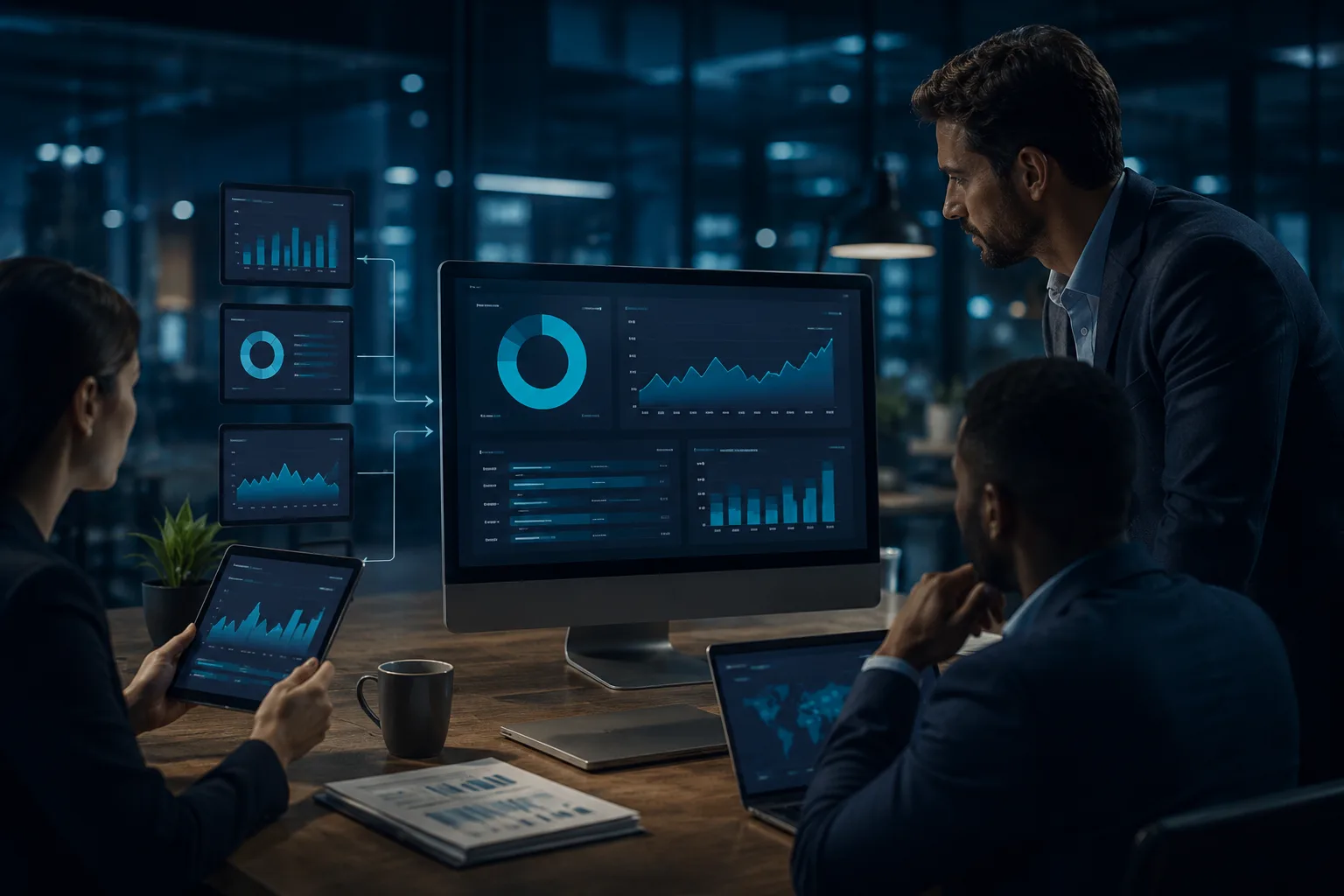Cross-functional team collaborating around a unified operations dashboard