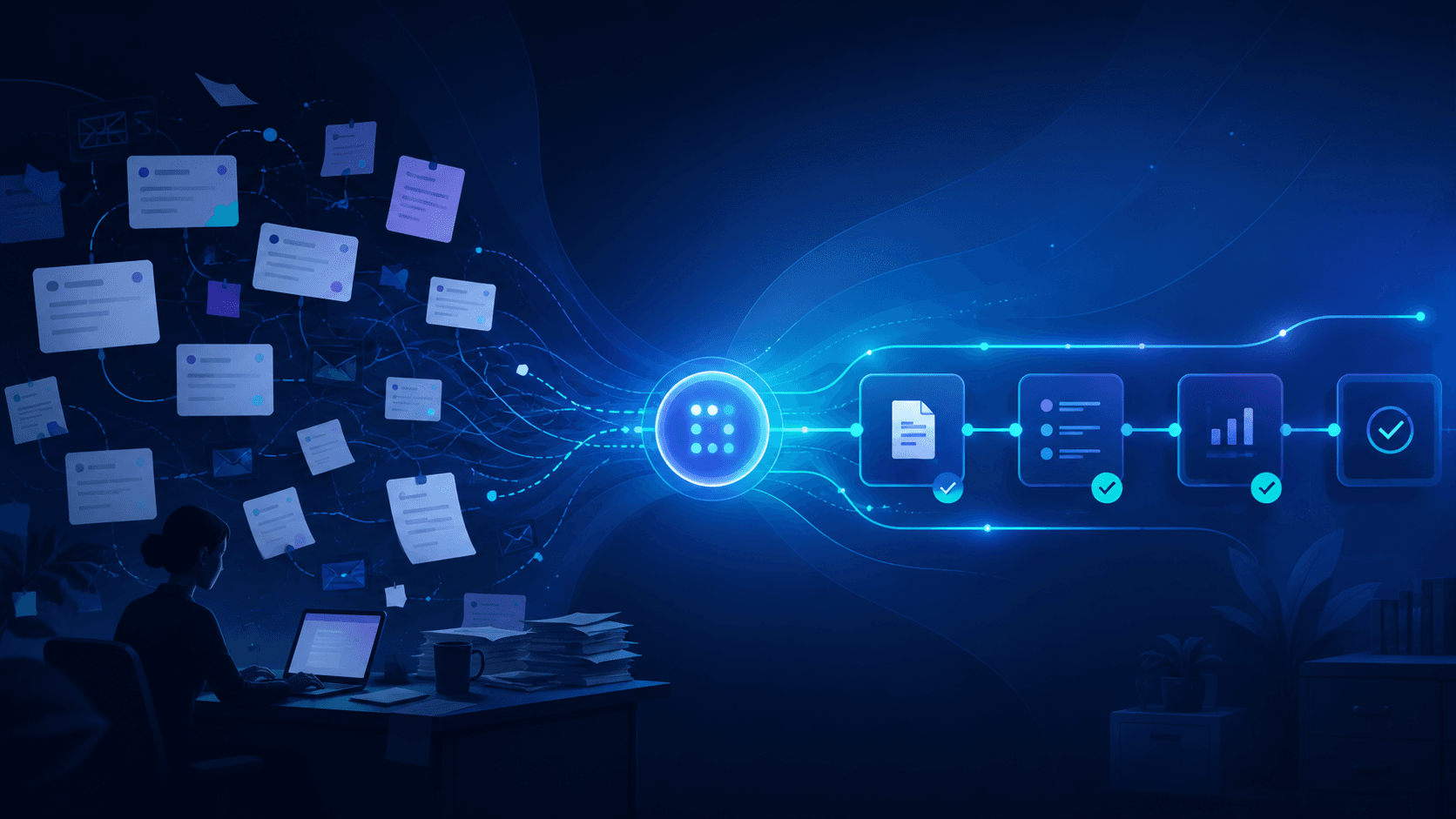 Workflow steps connected into an automated process flow