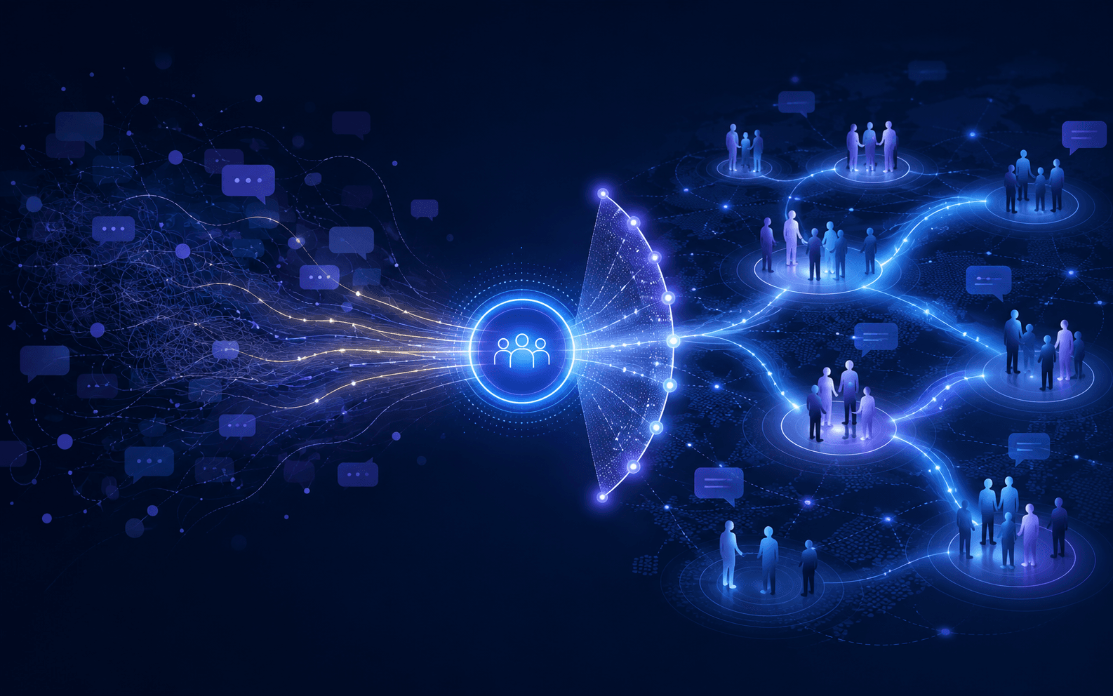 A trusted source at the centre broadcasting information outward through a fan of light to interconnected community groups across a network
