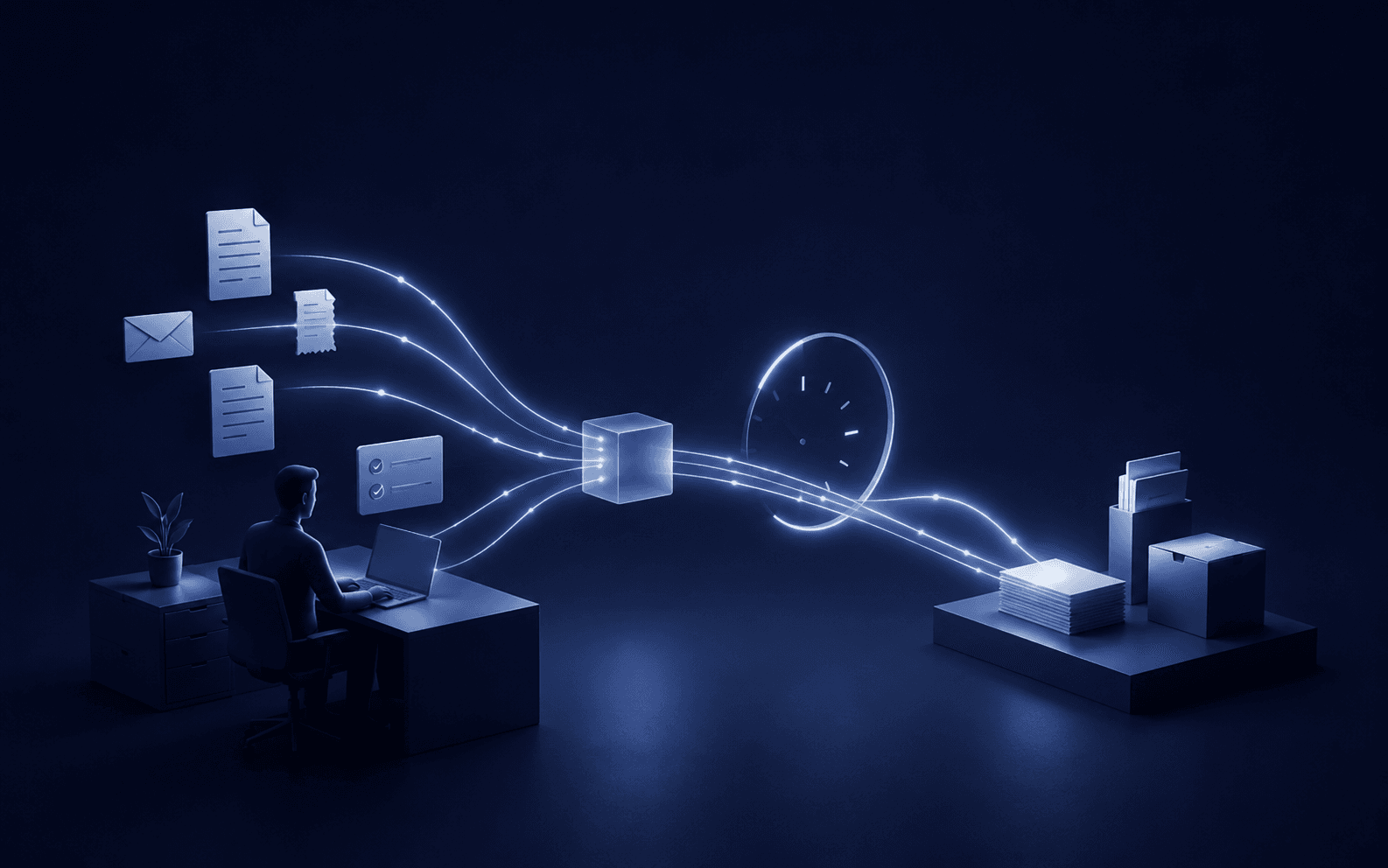 Illustration of quiet, practical AI operations capturing missed enquiries for a small business
