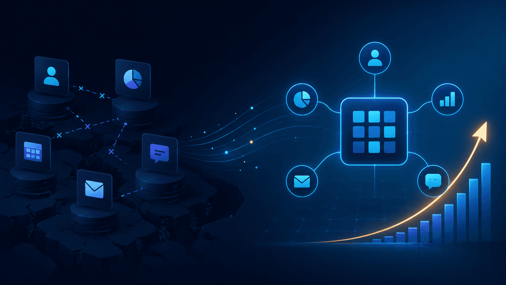 Separate tools converging into one connected system for teams